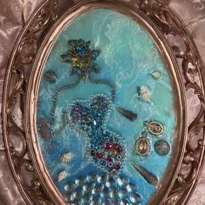 Bejeweled Mermaid on Ocean Scene, Made with crystals, vintage brooches over a rose gold vintage mirror
